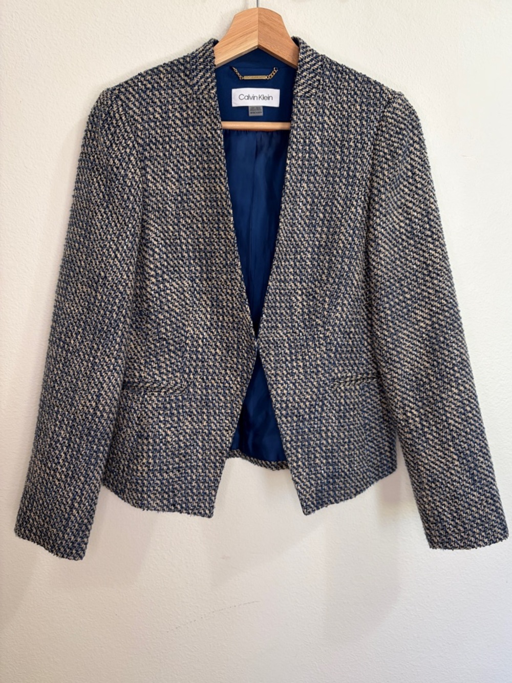 Calvin Klein Open-Front Long Sleeve Tweed Suit Jacket - Navy/Cream/Metallic Blue